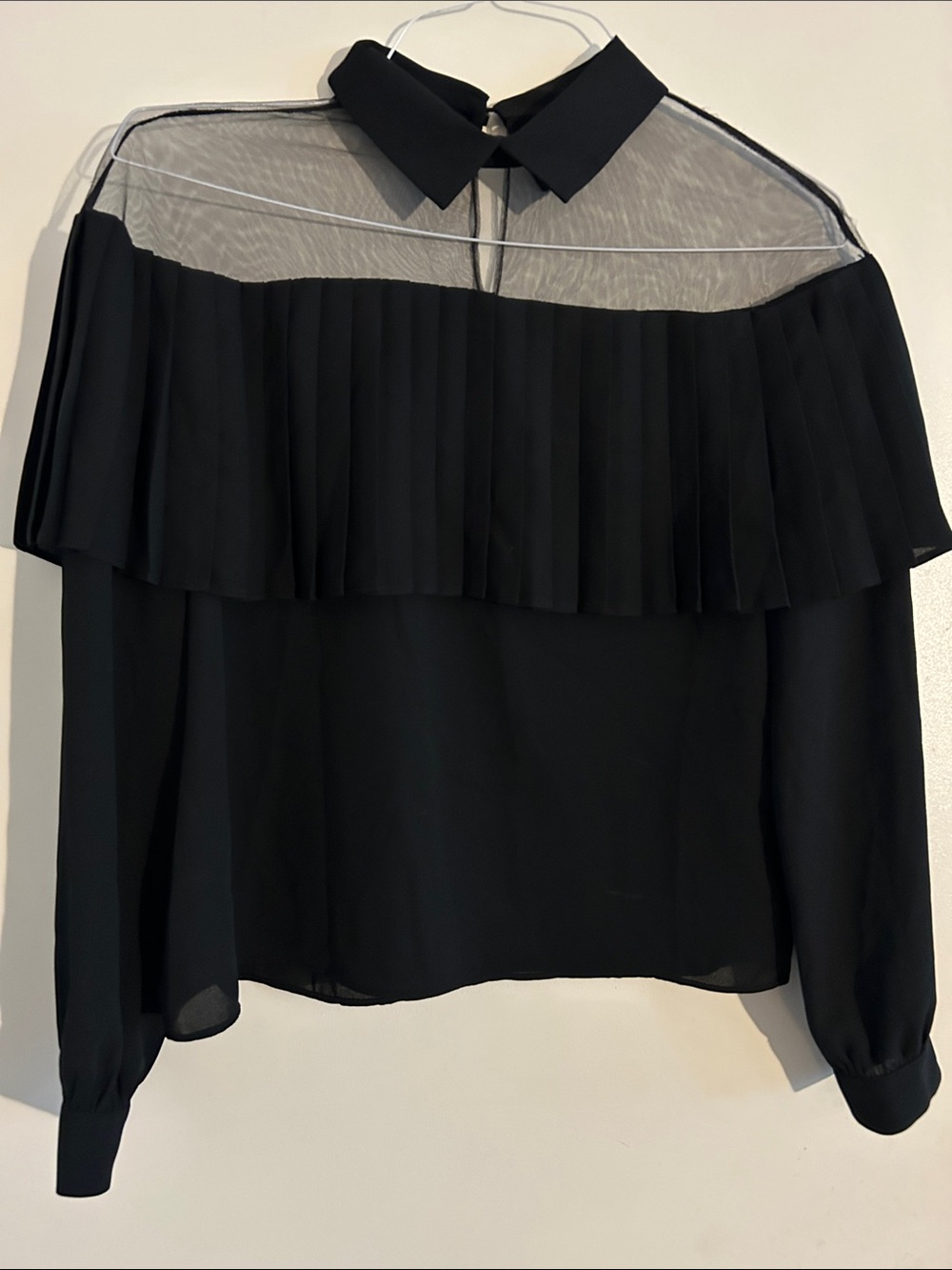 Leith Black Sheer Yoke Pleated Ruffle Blouse